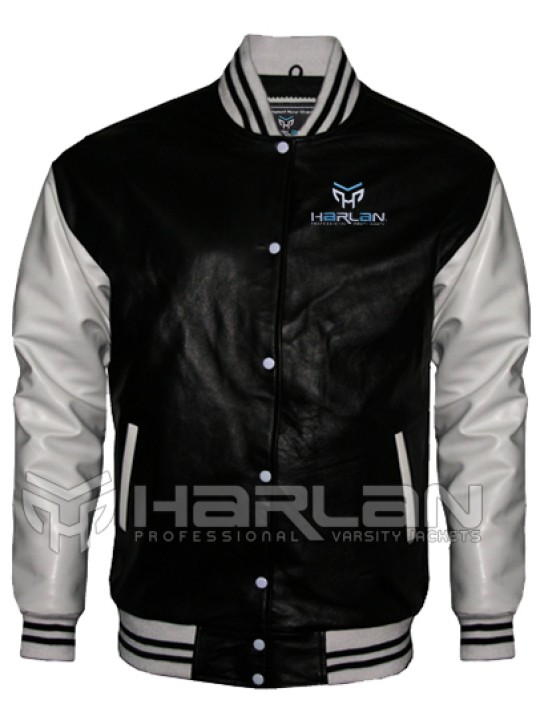 Boss Leather Varsity Jackets in Black/Light Grey