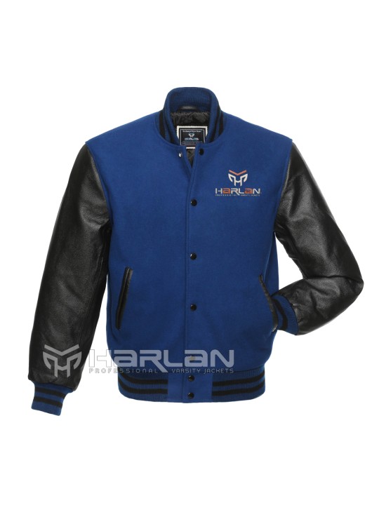 Leather Sleeves Varsity Jacket in Royal / Black