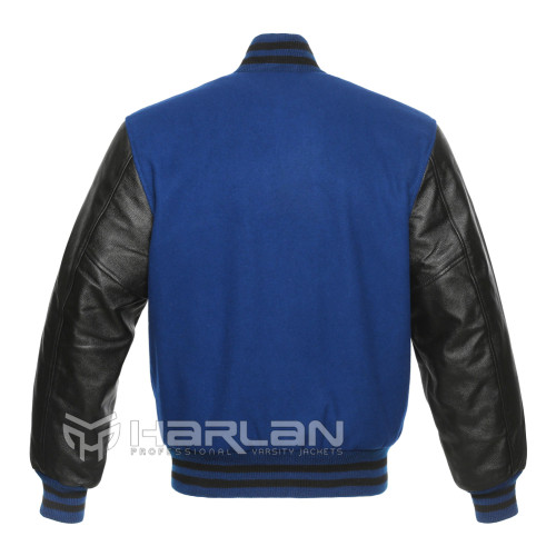 Leather Sleeves Varsity Jacket in Royal / Black