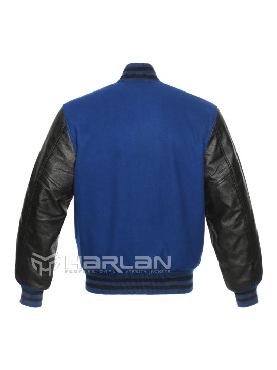 Leather Sleeves Varsity Jacket in Royal / Black